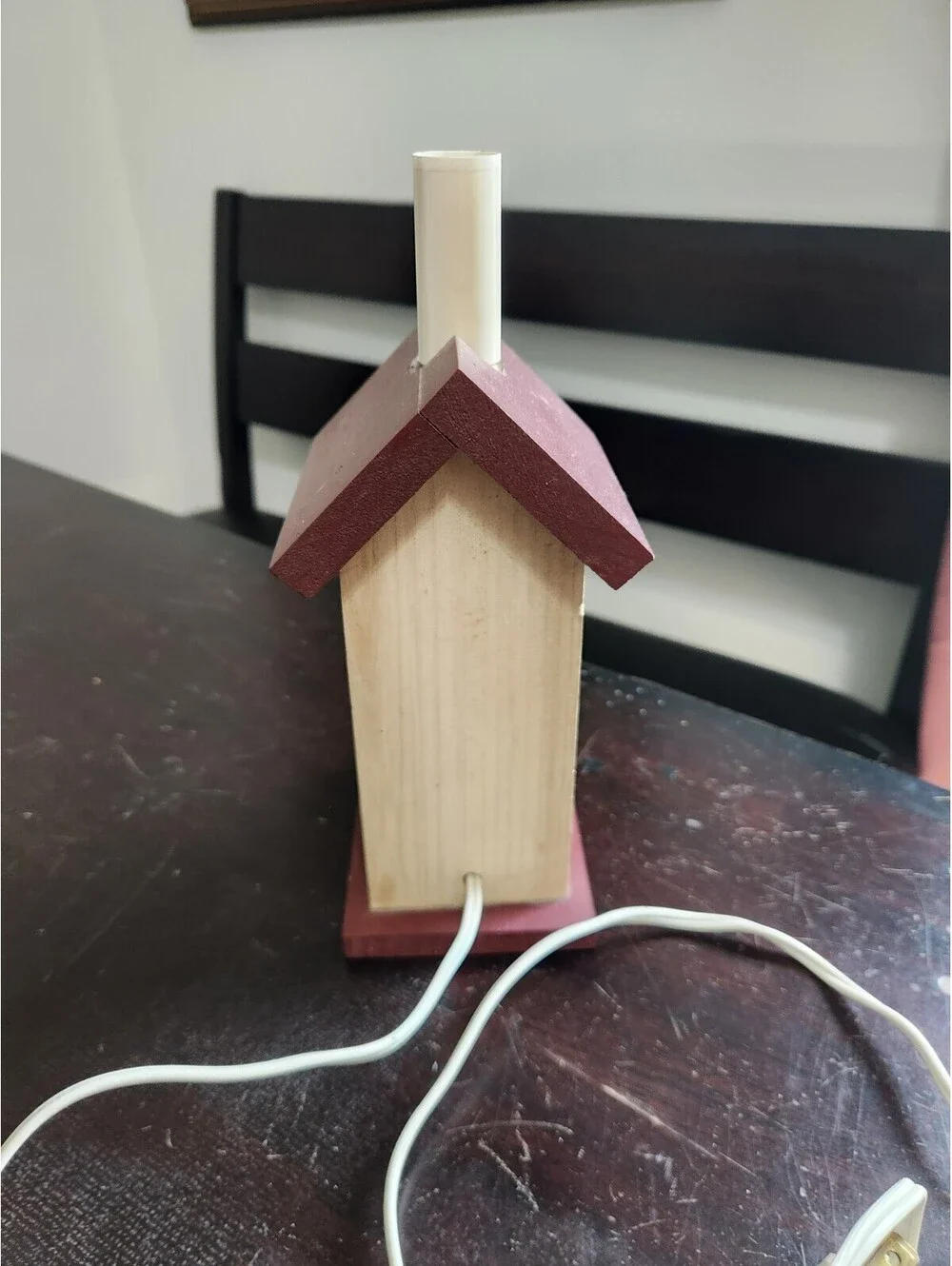 Wood Birdhouse Novelty Table Lamp Painted Brown, Corded Switch, White Cord